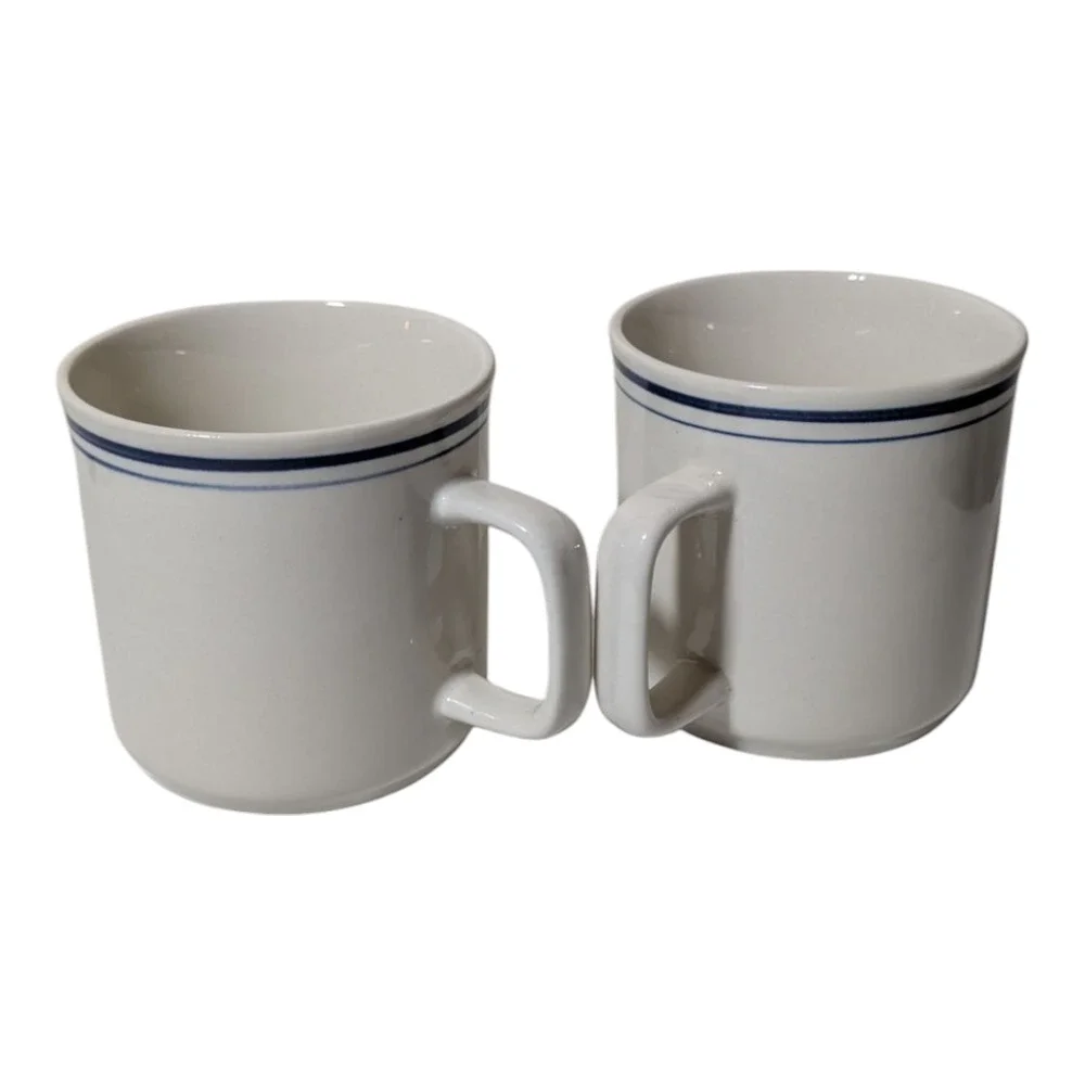 Stoneware - Pair of Mugs - Made in China - Cream Color/Cobalt Blue Trim - 8 oz